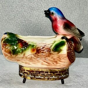 ♥️Vintage California Pottery Songbird on a log Ceramic Planter #209 MCM